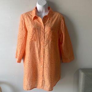 Chicos Light Orange Eyelet 3/4 Sleeve Button Down Blouse Size 1/M/8
